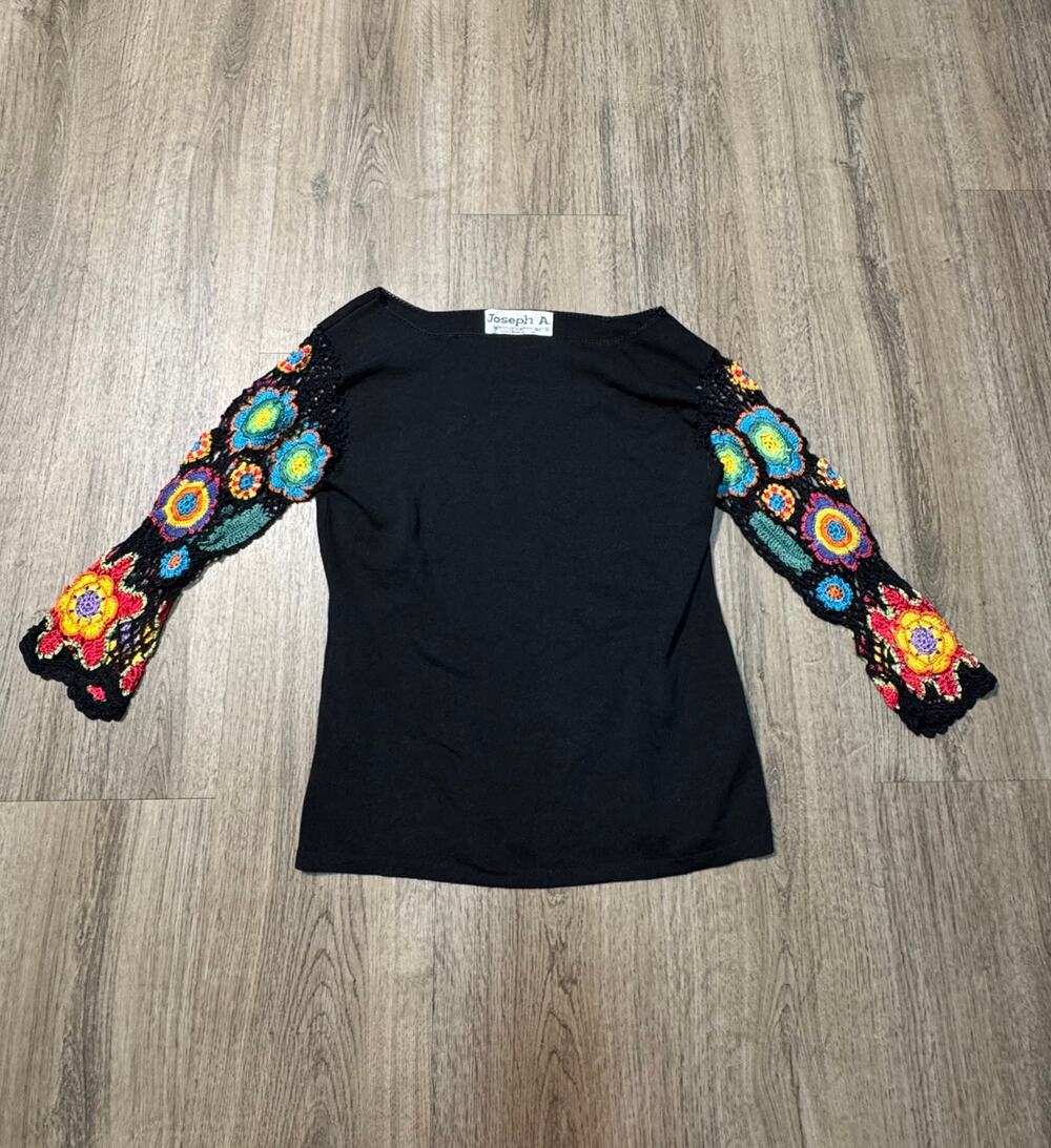 Joseph A. Women's Silk Black Top with Multicolor Crochet Floral Sleeves